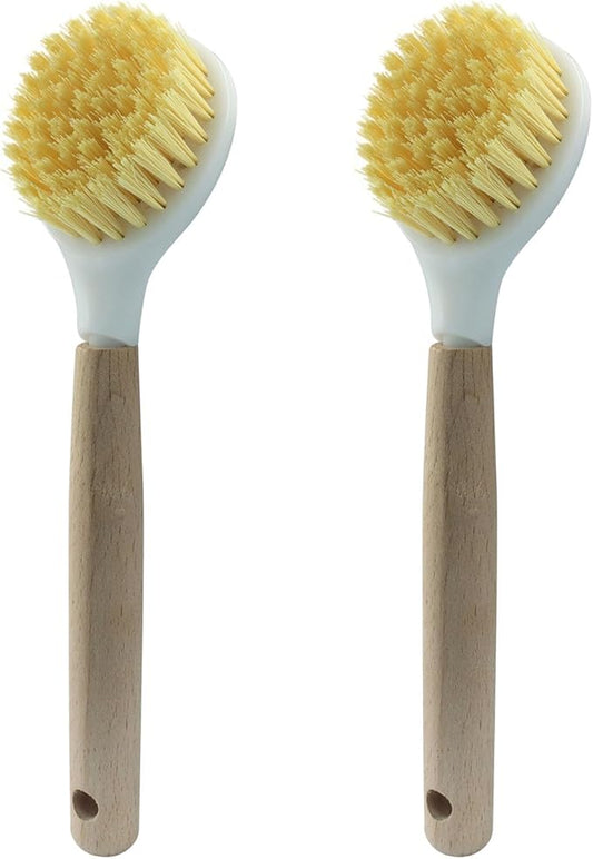 3 Pcs Kitchen Dish Brush with Bamboo Handle, Dish Scrubber Brush Built-in Scraper, Pot Scrubbers for Cleaning, Dishwashing, Dishes, Pans, Kitchen Sink and Counter