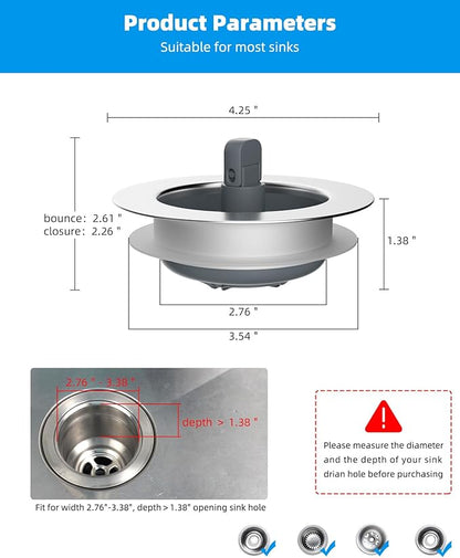 Hibbent 3 in 1 Kitchen Sink Drain Strainer and Stopper Combo, Chrome Stainless Steel Wraped Shell, Anti-Clogging Basket Strainer with Foldable Handle for US Standard 3-1/2" Drain