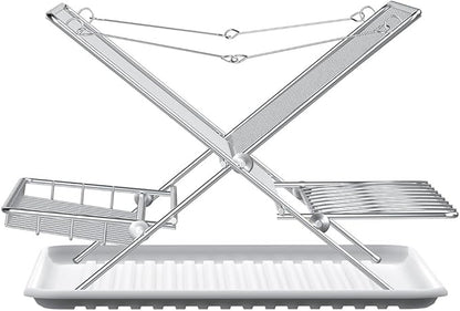 Over The Sink Dish Drying Rack, Collapsible 3 Tier Dish Racks for Kitchen Counter, Large Capacity Stainless Steel Dish Drainer with Utensil Holder and Drainboard (Upgraded)