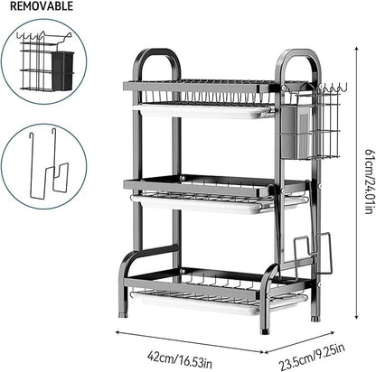 Vergissm Large 3-Tier Dish Drying Rack with Drain Tray - Rustproof Carbon Steel Kitchen Organizer for Countertop with Utensil & Cutlery Holder, Spacious Drainboard - Multifunctional Dish Drainer