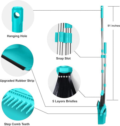 Upgrade Broom with Dustpan Combo Set, Broom and Dustpan Set with 51'' Long Handle, Large Upright Brooms and Dust Pans, ZeroGap Lip, Self-Cleaning Dustpan Teeth for Lobby and Restaurant - Blue