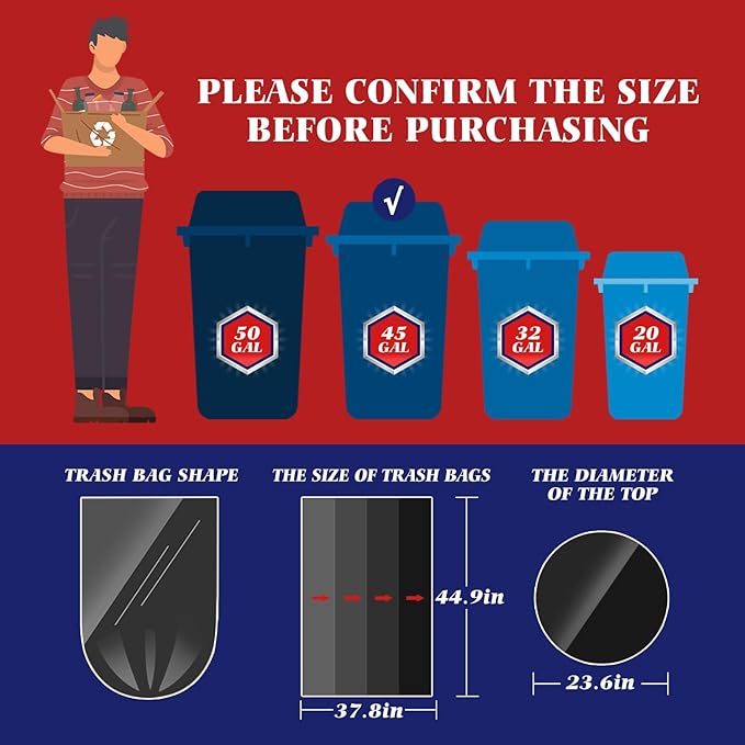 Teivio Trash Bags, 40-45 Gallon, 26 Count, Black, for Bathroom, Office, Industrial, Commercial, Janitorial, Municipal, Recycling