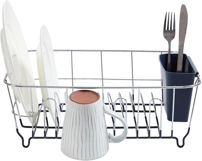 Dish Drying Rack & Cutlery Holder 2 Piece Set ✅ Compact Sink-Fitting Dish Drainer with Rubberized Undercoating ✅ Space-Saving Kitchen Organizer for Plates, Cups, Bowls & Utensils In Sink, Navy