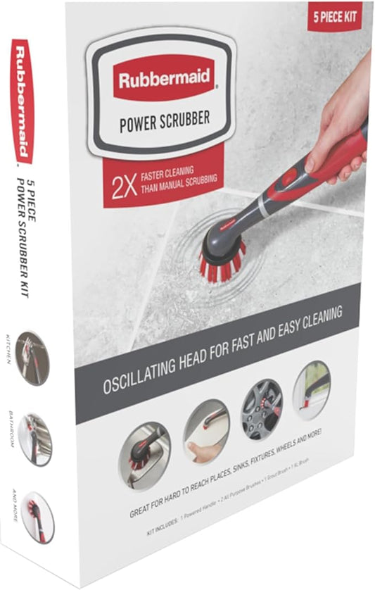 Rubbermaid Reveal Power Scrubber 5-Piece Kit, Cordless Electric Battery Powered Spin Scrub Brush, Water Resistant, for Home/Kitchen/Bathroom/Grout/Tile/Shower/Tub