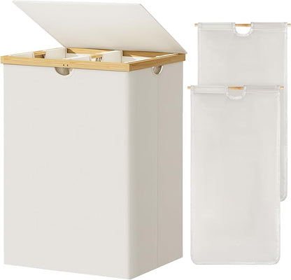 WOWLIVE 165L Double Laundry Hamper with Lid Bamboo Laundry Basket 2 Section,Large Dirty Clothes Hamper with Removable Bags, Laundry Bin Organizer Storage for Dorm,Bedroom,Bathroom,Beige