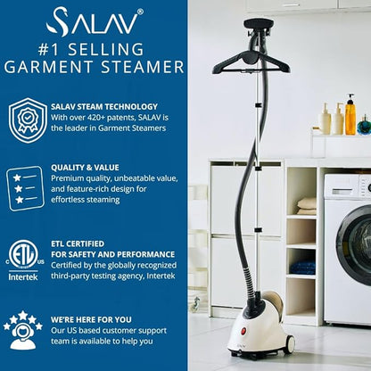 SALAV GS18-DJ Standing Garment Steamer with Smart Auto-Off, Wheels for Easy Movement, 1.8L Water Tank for 1hr Continuous Steaming, Adjustable Pole for Storage, with Descaler Packet, 1500 watts