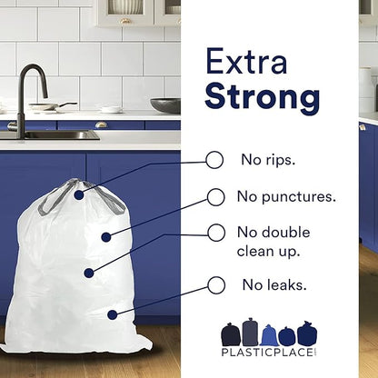 Plasticplace Trash Bags, Compatible with simplehuman Code Q Packs, White Drawstring Garbage Liners,13-17 Gallon, 25" x 32.5" (20 Count/5 Pack)