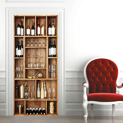 3D Door Wallpaper Self-Adhesive Sticker - Wine Cabinet Film Poster Premium PVC Waterproof Wall for Bedroom Living Room Decoration 95 x 215 cm