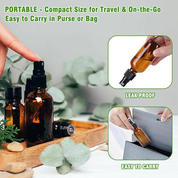 2oz Amber Glass Spray Bottles for Essential Oils, Hair, Skincare, Cleaning & Travel,2-Pack Small Empty Spray Bottle