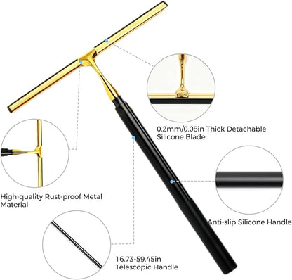 16.7“- 59.5" Long Handle Window Squeegee with Extension Pole, 12.4" Wide Metal Shower Squeegee for Glass Doors, 2-in-1 Squeegee for Home Window Cleaning, Tile Wall, Car (Gold)