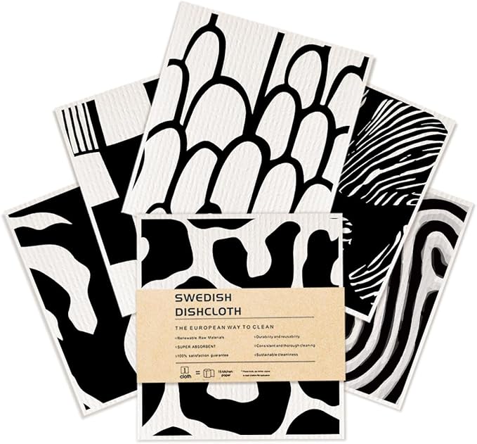 6 Pack Swedish Dishcloths, Black White Geometric Reusable Washable, Quick Drying, Dishwasher Safe for Kitchen Home Cleaning，Kitchen Gifts for Women