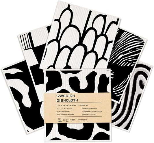 6 Pack Swedish Dishcloths, Black White Geometric Reusable Washable, Quick Drying, Dishwasher Safe for Kitchen Home Cleaning，Kitchen Gifts for Women