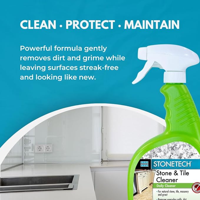 StoneTech Stone & Tile Cleaner Spray – Daily Cleaner for Granite, Marble, Ceramic, Porcelain & Stone – Removes Spills, Dirt & Grease – pH Neutral - 2-Pack, 24oz each + 2 Microfiber Cloths