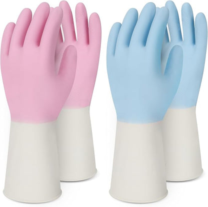 Household Rubber Gloves Non-Slip Dishwashing Cleaning for Kitchen & Bathroom Reusable (2 Pairs Pink+Blue)