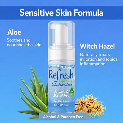 Refresh Liquid Wipe Free: Toilet Paper Foam (Sensitive Skin Foam, 50ml (1.69 Fl Oz) 2 Pack)