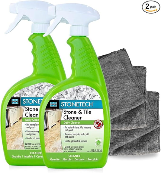 StoneTech Stone & Tile Cleaner Spray – Daily Cleaner for Granite, Marble, Ceramic, Porcelain & Stone – Removes Spills, Dirt & Grease – pH Neutral - 2-Pack, 24oz each + 2 Microfiber Cloths