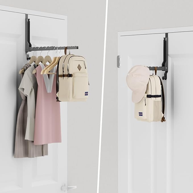 BAKON Over The Door Hangers, Over Door Hooks for Hanging, Small Space Dual Folding Portable Over Door Clothes Hanger for Clothes, Hats, Bags and Towels. (2, Black(Update))