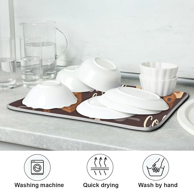Tea and Coffee Theme Microfiber Dish Drying Mat Absorbent Dish Draining Mat Large Size 18 x 24 Dishes Drainer Mat for Countertop Dish Drying Pads