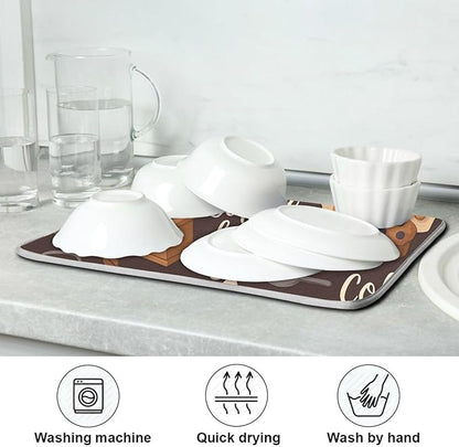 Tea and Coffee Theme Microfiber Dish Drying Mat Absorbent Dish Draining Mat Large Size 18 x 24 Dishes Drainer Mat for Countertop Dish Drying Pads