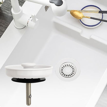 White Kitchen Sink Drain Basket Strainer Stopper Replacement for Polymer Sink Drain, TGEOND Brass Center Plug Removable Basket Drains