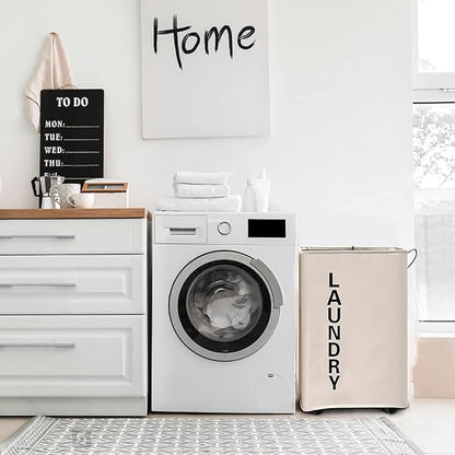 92L Large Laundry Hamper with Leather Handle,Standable Laundry Basket with Wheels ,Large Hamper,Rolling Laundry Basket White