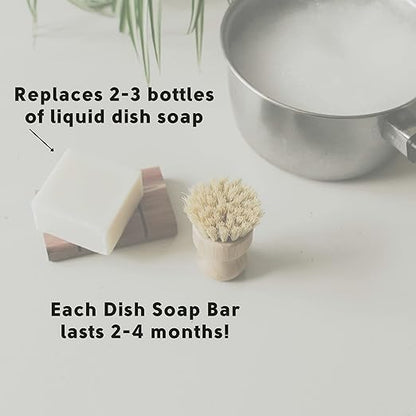Dish Washing Bundle Kit | Eco-Friendly Solid Dish Soap, Cedar Soap Tray, Bamboo Pot Brush | Organic & Vegan Ingredients, Non-Tox Dish Soap | 3pc. Set