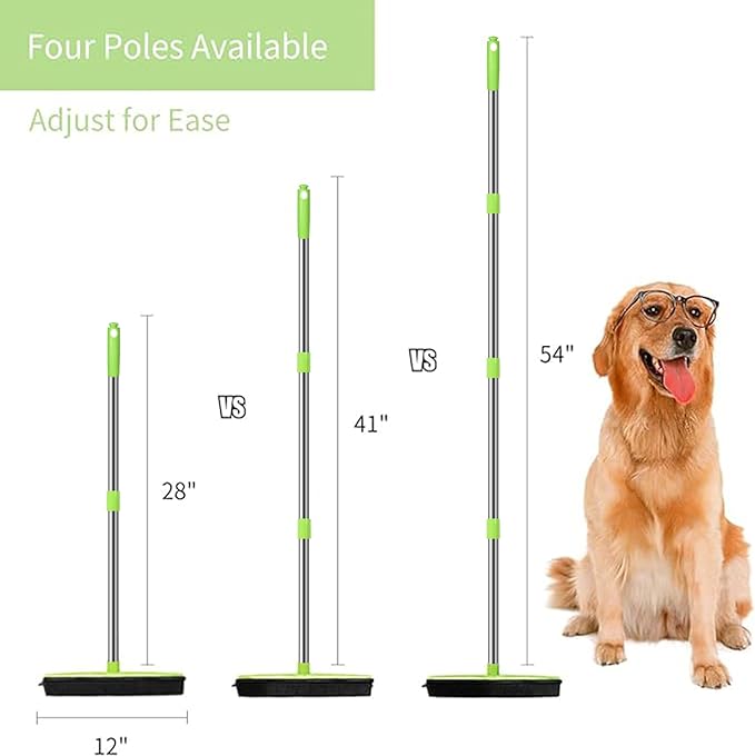 MEIBEI Pet Hair Removal Broom with Squeegee -53", Long Handle Soft Bristle Rubber Broom, Ideal for Remove Fur from Carpets, Rugs, Hardwood and Linoleum