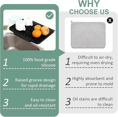 Silicone Kitchen Countertop Dish Drying Mat with Water Collection Tray Non-Slip Pad ( Black)