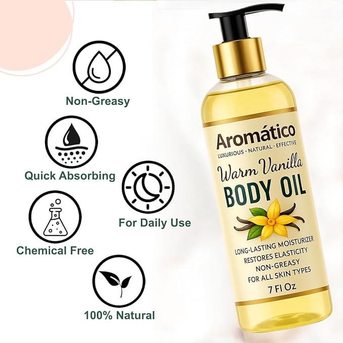 Aromatico Warm Vanilla Body Oil for Women - 7 fl oz | Moisturizing Scented Body Oil for After Shower Daily Use | Cozy, Creamy Vanilla Scent