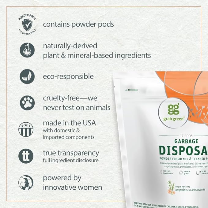 Grab Green Naturally-Derived, Tangerine with Lemongrass, 12 Pods (4-Pack), Mineral-Based Garbage Disposal Cleaner & Freshener