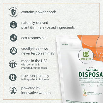 Grab Green Naturally-Derived, Tangerine with Lemongrass, 12 Pods (4-Pack), Mineral-Based Garbage Disposal Cleaner & Freshener