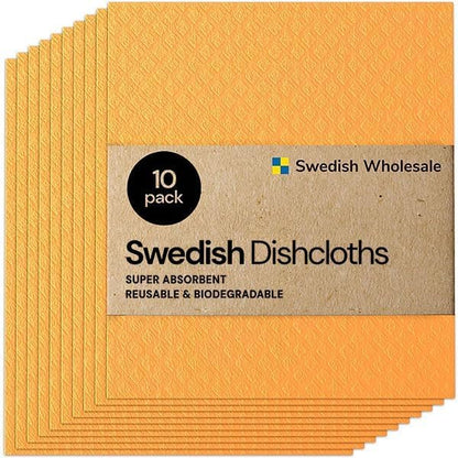 Swedish Wholesale Dishcloths Reusable 8" x 7" Sponge Cloths, Bulk 10 Pack of High Absorbent Cellulose Dish & Kitchen Cleaning Hand Towels, Wring to Dry & Machine Wash, Odor Resistant, Orange
