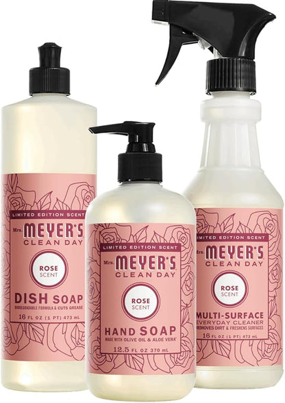 Mrs. MEYER'S Rose Scent Kitchen Basics Set, Dish Soap, Hand Soap, Multi-Surface Everyday Cleaner 3 ct.