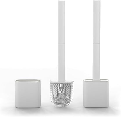 Silicone Toilet Brushes & Holders – Pack of 2 Long Non-Slip Handle, Flexible Bristles for Easy Cleaning – Modern Drip-Free Base, Durable White Bathroom Toilet Brush Set with Holder