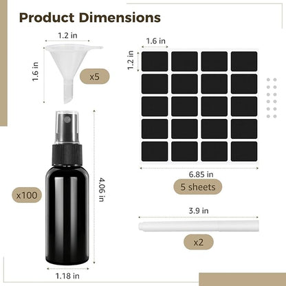ZALIR 100 Pcs Black 1 oz Spray Bottles Set with Black Stickers and Funnels - 30ml Refillable Spray Bottles with Fine Mist Sprayer for Essential Oils, Bath, Beauty, Cleaning Solutions
