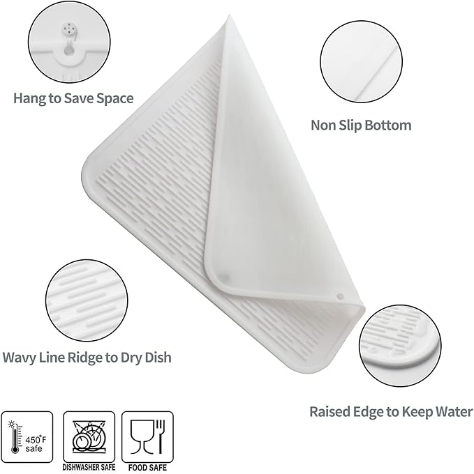 MicoYang Silicone Dish Drying Mat for Multiple Usage,Easy clean,Eco-friendly,Heat-resistant Silicone Mat for Kitchen Counter or Sink,Refrigerator or Drawer Liner White 2XL 24 inches x 18 inches