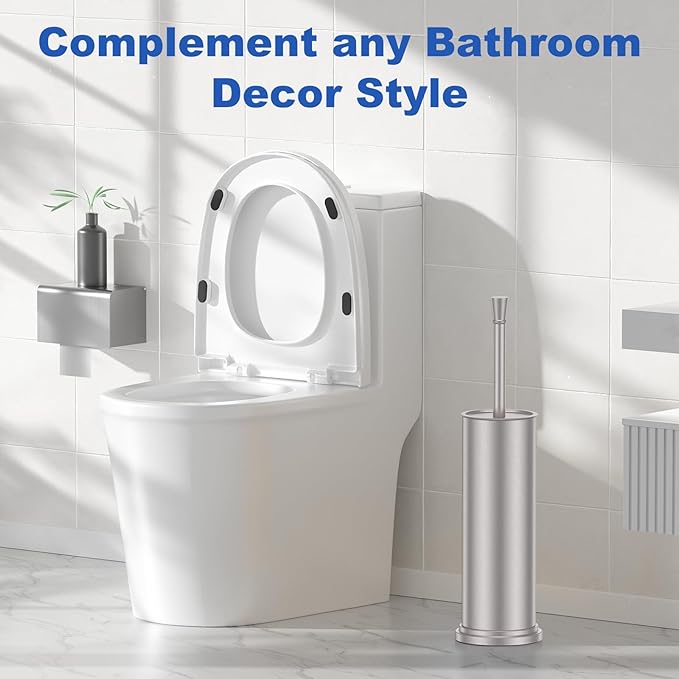 Toilet Brush and Holder Set：304 Stainless Steel Heavy Duty Toilet Bowl Brush，Removable Inner Bowl and Splash Protection，Bathroom Toilet Brush-Dense Bristles for Through Cleaning