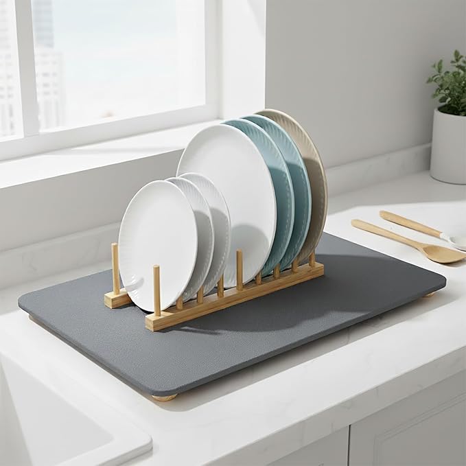 Stone Drying Mat for Kitchen Counter with Bamboo Rack&5 Wooden Feet ,20"×16" Natural Diatomaceous Earth Dish Drying Stone , Fast Absorbing, Minimalist Design for Modern Kitchens