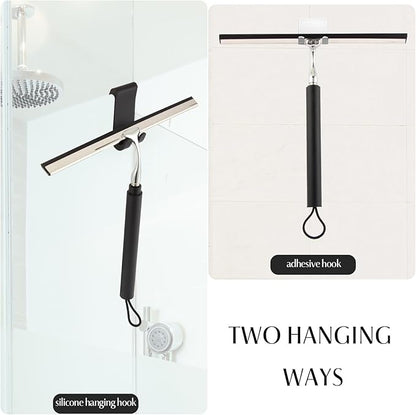 Shower Squeegee with Long Handle – Includes Replacement Silicone Blade, Extendable 13" to 48", 14" Wide for Glass, Mirrors, Windows, Bathroom Tiles & Walls, Telescopic Wiper with Hooks (Black)
