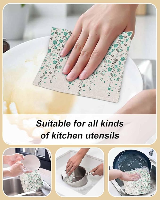 6 Pack Flower Teal Kitchen Dish Cloths, Grey Cherry Blossoms Cotton Linen Background Dishcloths for Kitchen, Reusable Paper Towels, Super Absorbent Quick Drying Washcloths Cleaning Wipes, 8x7 inch