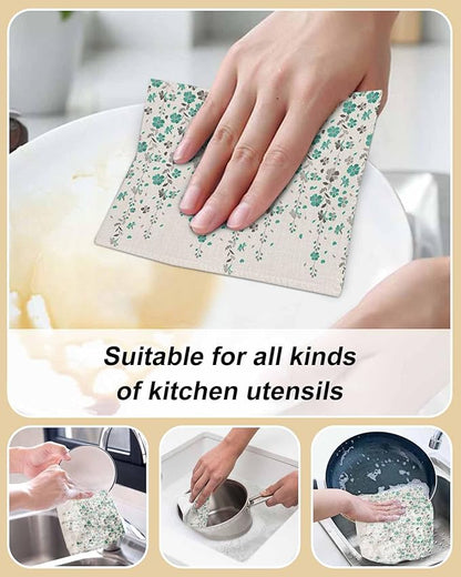 6 Pack Flower Teal Kitchen Dish Cloths, Grey Cherry Blossoms Cotton Linen Background Dishcloths for Kitchen, Reusable Paper Towels, Super Absorbent Quick Drying Washcloths Cleaning Wipes, 8x7 inch