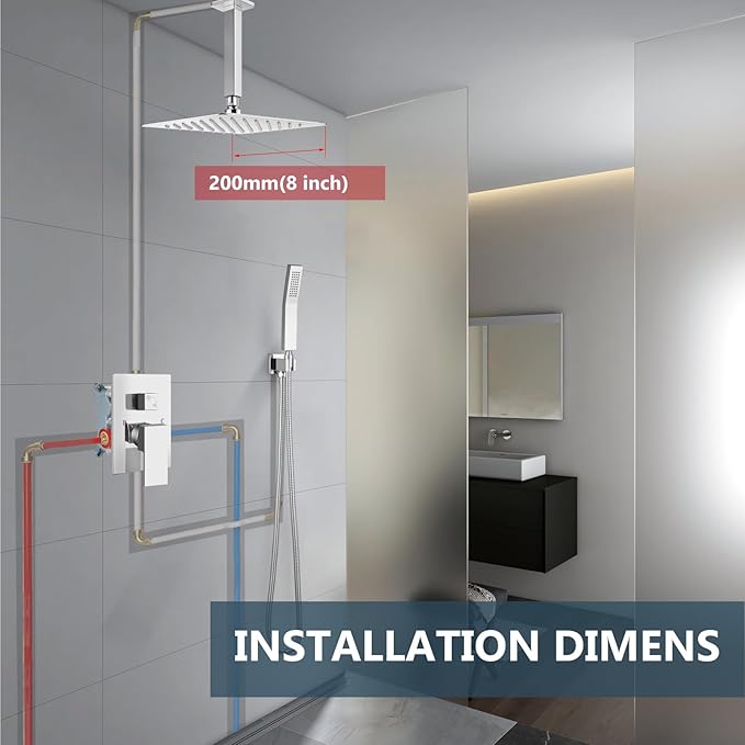 Aolemi Ceiling Mount Shower System Rain Shower Head with Handheld Spray High Pressure Shower Faucet Set Rough-in Valve Shower Trim Kit Included Bathroom Polish Chrome 8 Inch Ceiling Shower Head