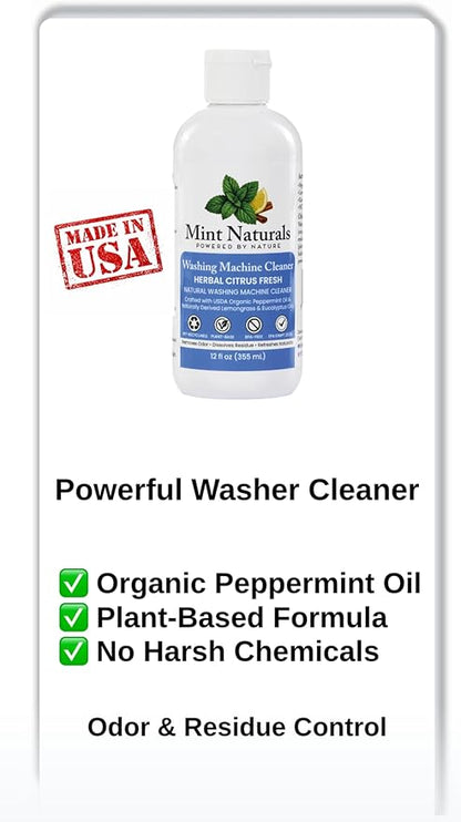 Natural Washing Machine Cleaner Liquid – Formula That Helps Remove Odor & Residue in Front & Top Load Washers, 12 oz – Made in USA