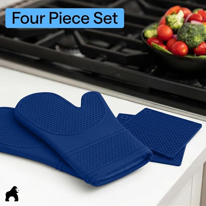 GORILLA GRIP BPA-Free Soft Silicone Oven Mitts and Pot Holders Sets of 4, Heat Resistant Waterproof Cooking Gloves, Thick Cotton Lining, Flexible Gripping for Baking Grilling, Kitchen Trivets, Blue