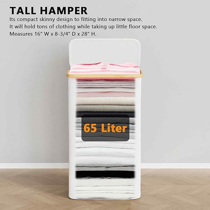 SpaceAid Slim Laundry Hamper with Lid, 65L Narrow Clothes Basket Bin with Bamboo Handles, Skinny Tall Collapsible Hamper for Bedroom, Bathroom, Dorm, Laundry Room - White