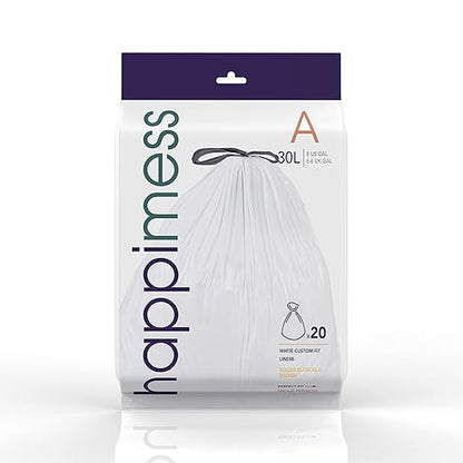 happimess 8 Gallon (30L) Drawstring Trash Bags, Unscented, White, Heavy Duty LDPE Liners for Kitchen and Household, Custom Fit 100 Count (5 Packs of 20 Liners) HPM3000A-W-5SET