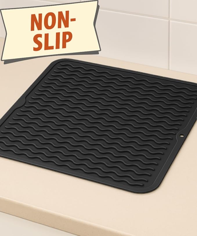 Silicone Drying Mat 16 × 12 – Black Non-Slip Sink Mat for Kitchen Counter, Heat-Resistant Food-Grade Dish Pad, Easy-Clean Multipurpose Drawer Liner (Black, 16'' x 12'')