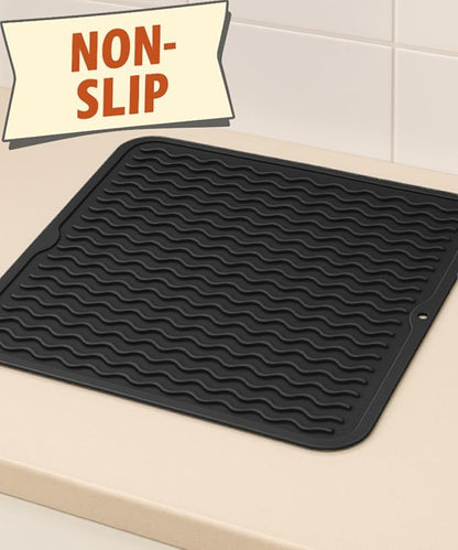 Silicone Drying Mat 16 × 12 – Black Non-Slip Sink Mat for Kitchen Counter, Heat-Resistant Food-Grade Dish Pad, Easy-Clean Multipurpose Drawer Liner (Black, 16'' x 12'')