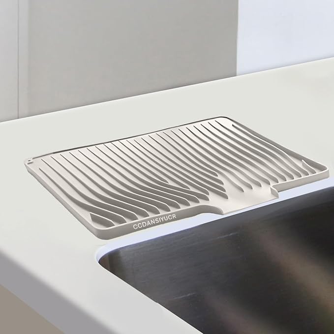 Large Premium Silicone Dish Drying Mat for Kitchen Counter - 18.5"x13" Non-Slip, Heat-Resistant (450°F) with Fast Drain & Hanging Hole, Multi-Use Kitchen Sink Drying Mat (Cream White)