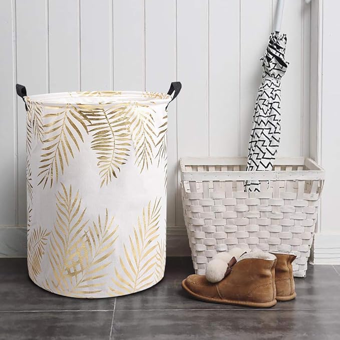 UUJOLY Collapsible Laundry Basket, Laundry Hamper with Handles Waterproof Round Cotton Linen Laundry Hamper Printing Household Organizer Basket, 19.7x15.7 inches (Gold leaf)